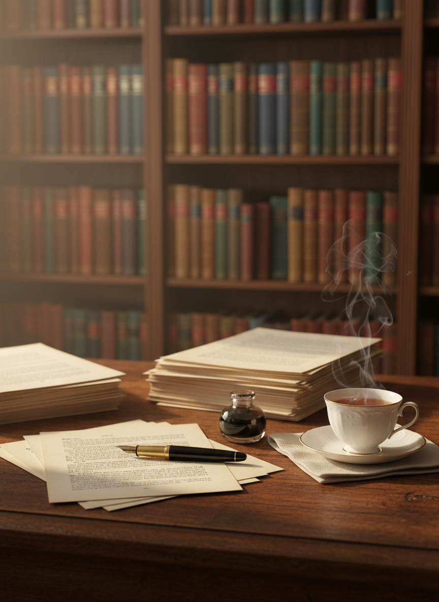 A well-worn wooden writing desk with a deep walnut sheen, its surface scattered with neatly stacked manuscript pages printed in clean black type, a fountain pen resting beside a small ink bottle. An elegant porcelain teacup sits on a linen coaster, faint steam curling upward. In the background, tall bookshelves filled with hardbound literary classics fade into a gentle blur. Soft late-afternoon window light washes across the desk from the left, carving out quiet highlights along the paper edges and casting refined, elongated shadows. Photographic realism, eye-level composition with a shallow depth of field, creating a sophisticated, contemplative mood that suggests an author’s intimate workspace without showing any people or text details.