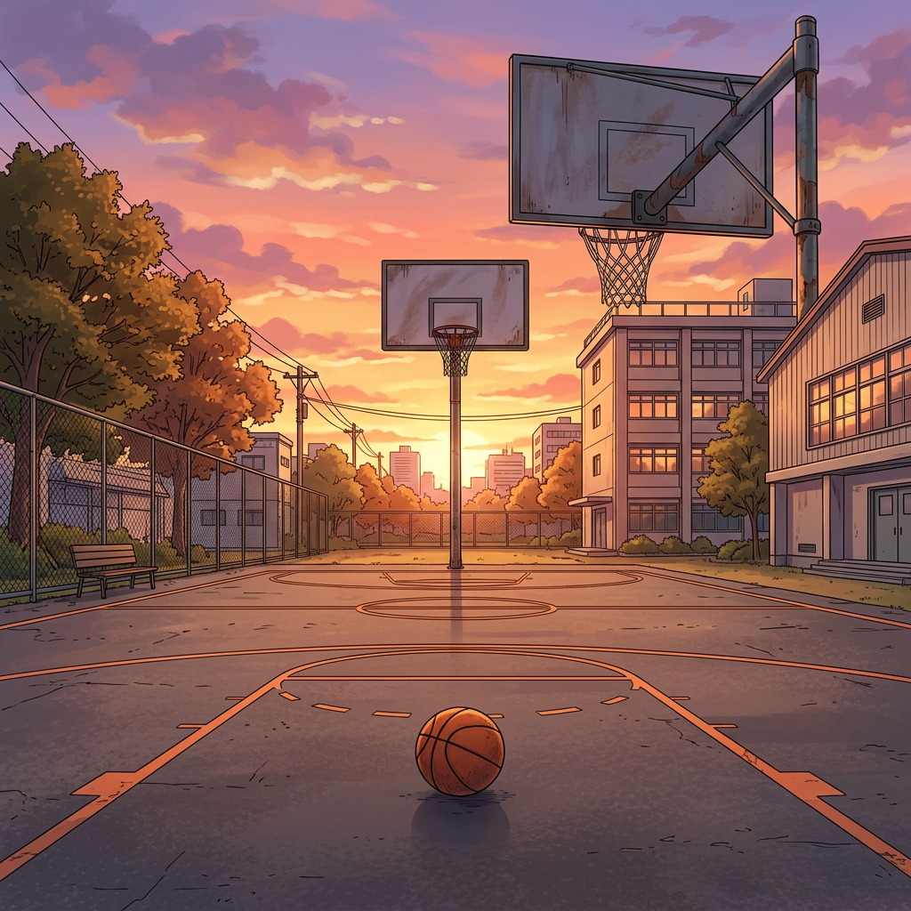Basketball on an empty outdoor court at sunset with two hoops and surrounding buildings