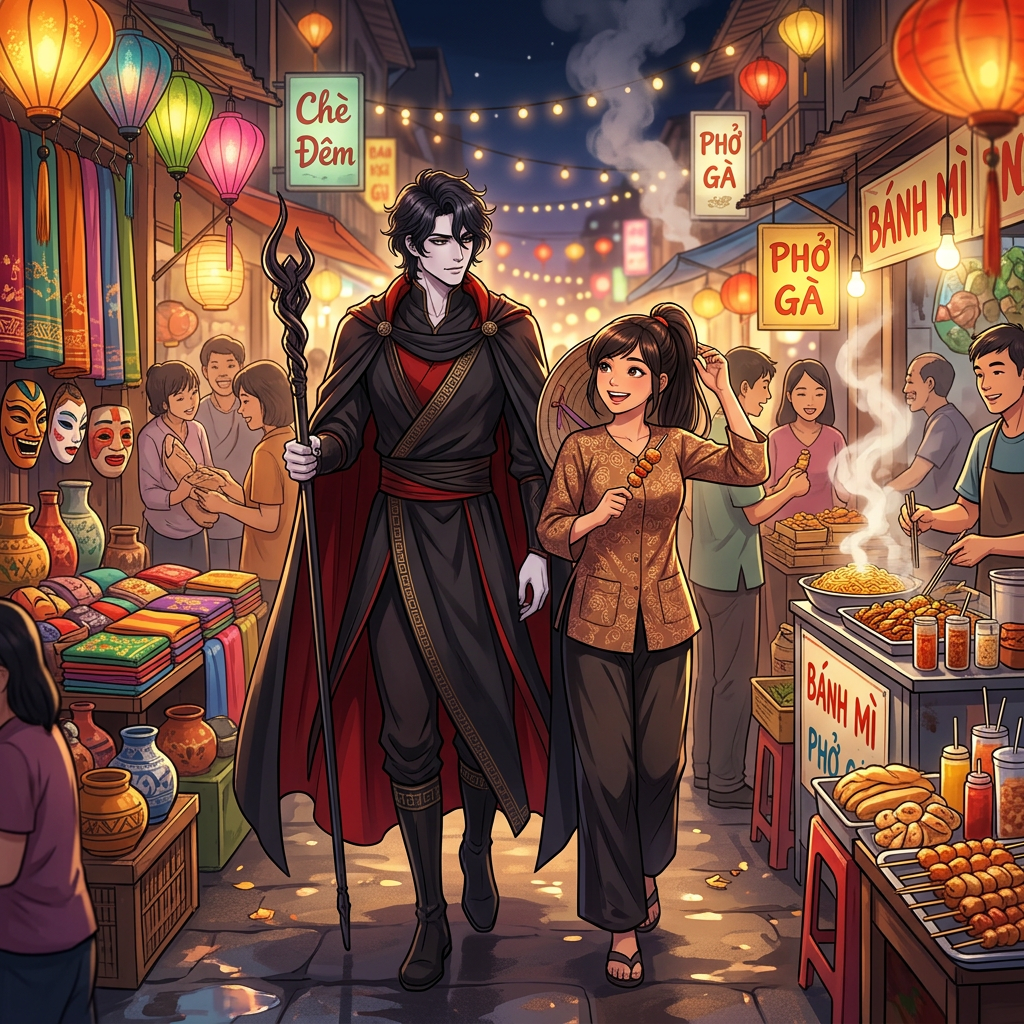Young woman with food skewer and cloaked man with staff walking through a bustling night market.