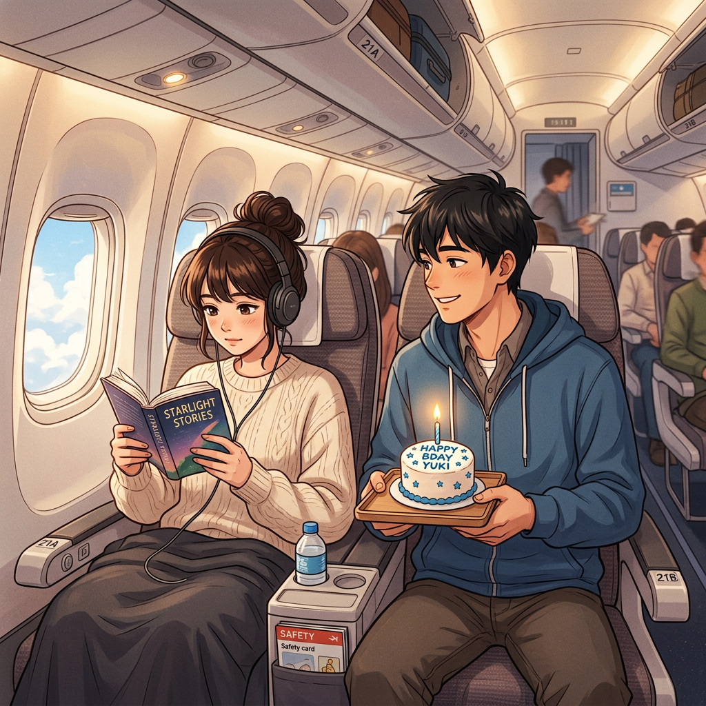 Young woman reading a book with headphones while man presents a birthday cake on an airplane