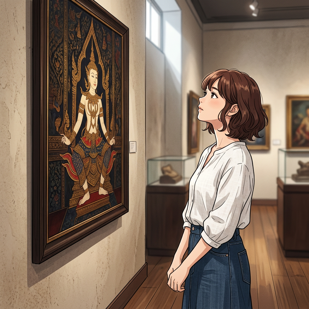 Young woman looking at a framed traditional painting in an art museum