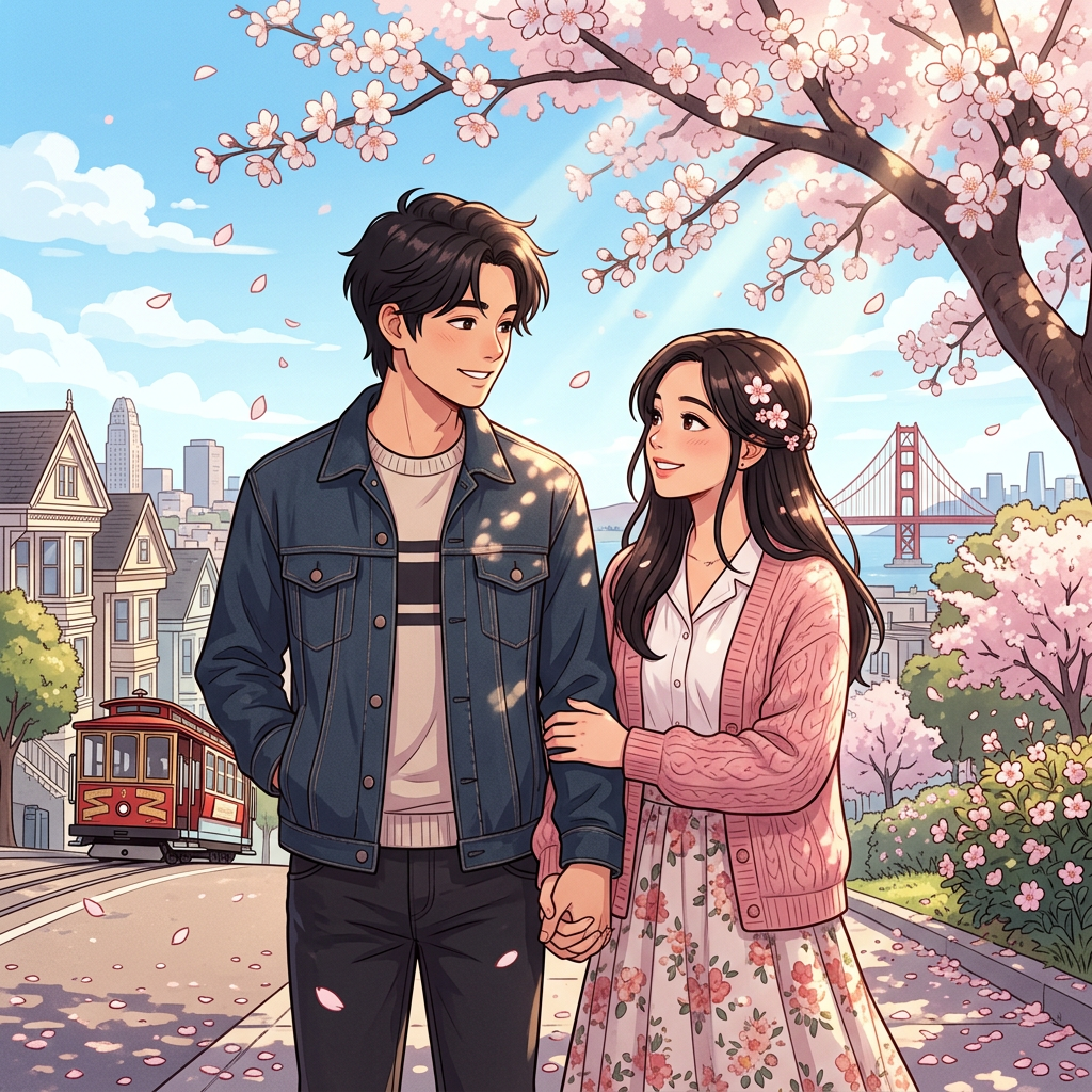 Couple holding hands walking on a cherry blossom lined street with a cable car and Golden Gate Bridge in the background