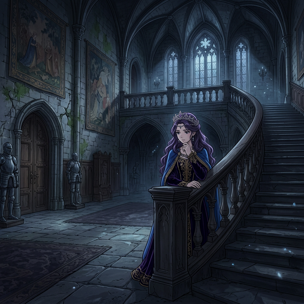 Princess with purple hair and crown leaning on a stone staircase railing in a dimly lit medieval castle hallway