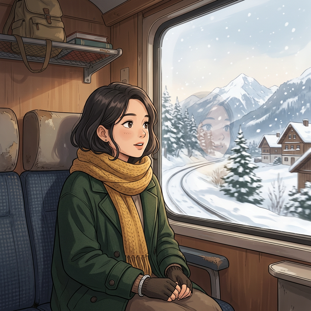 Young woman in green coat and yellow scarf looking out train window at snowy mountain landscape