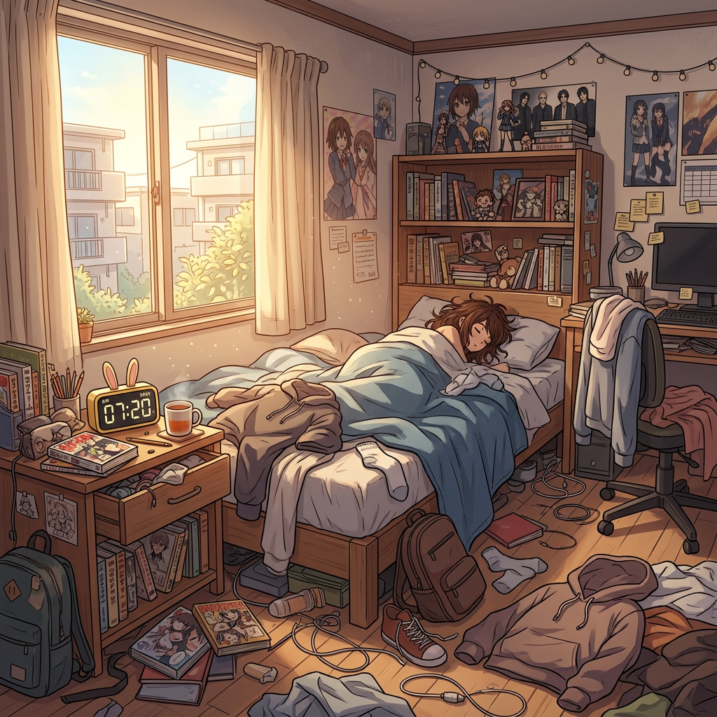 Young person sleeping in a cluttered bedroom with sunlight coming through the window