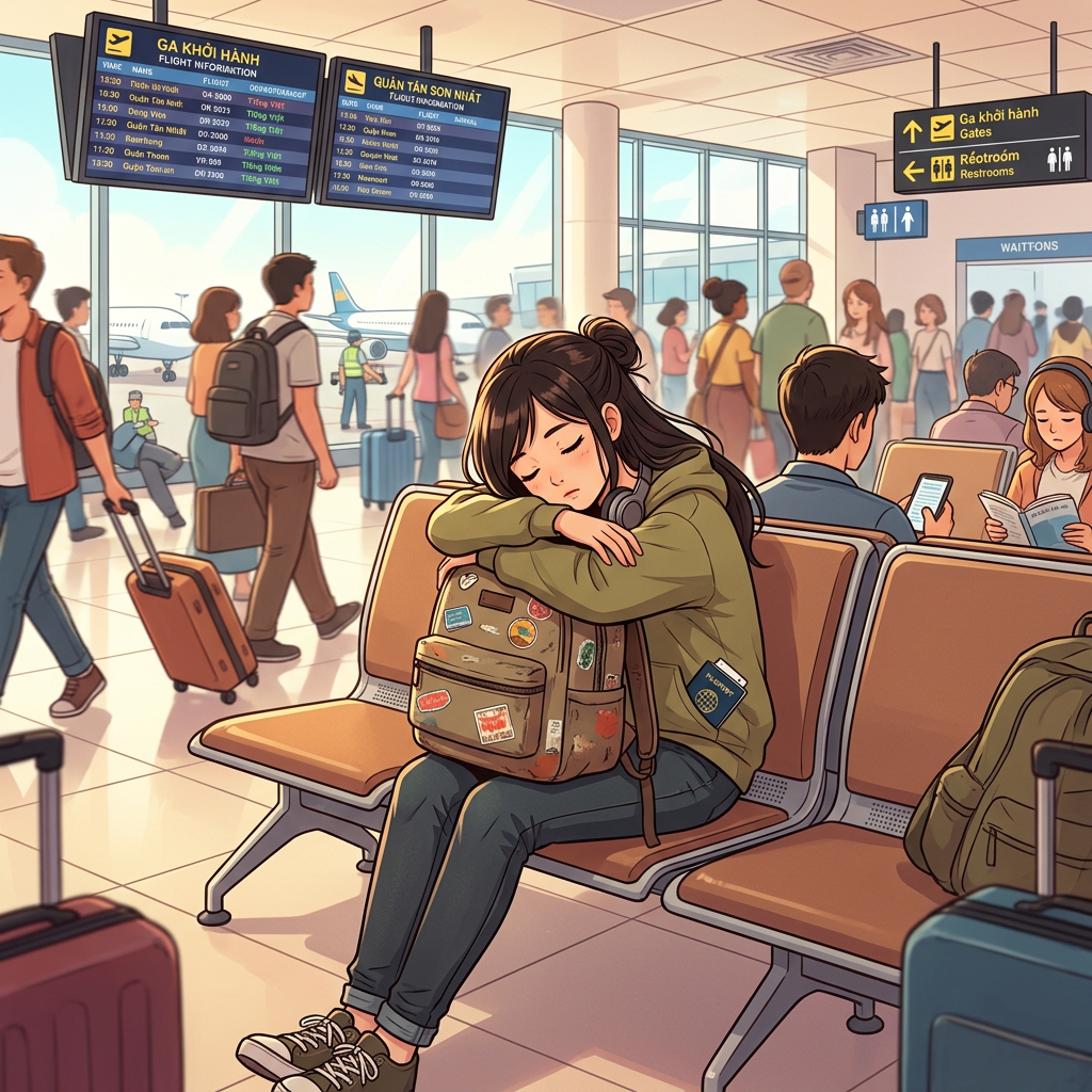 Young woman asleep resting on backpack in busy airport waiting area