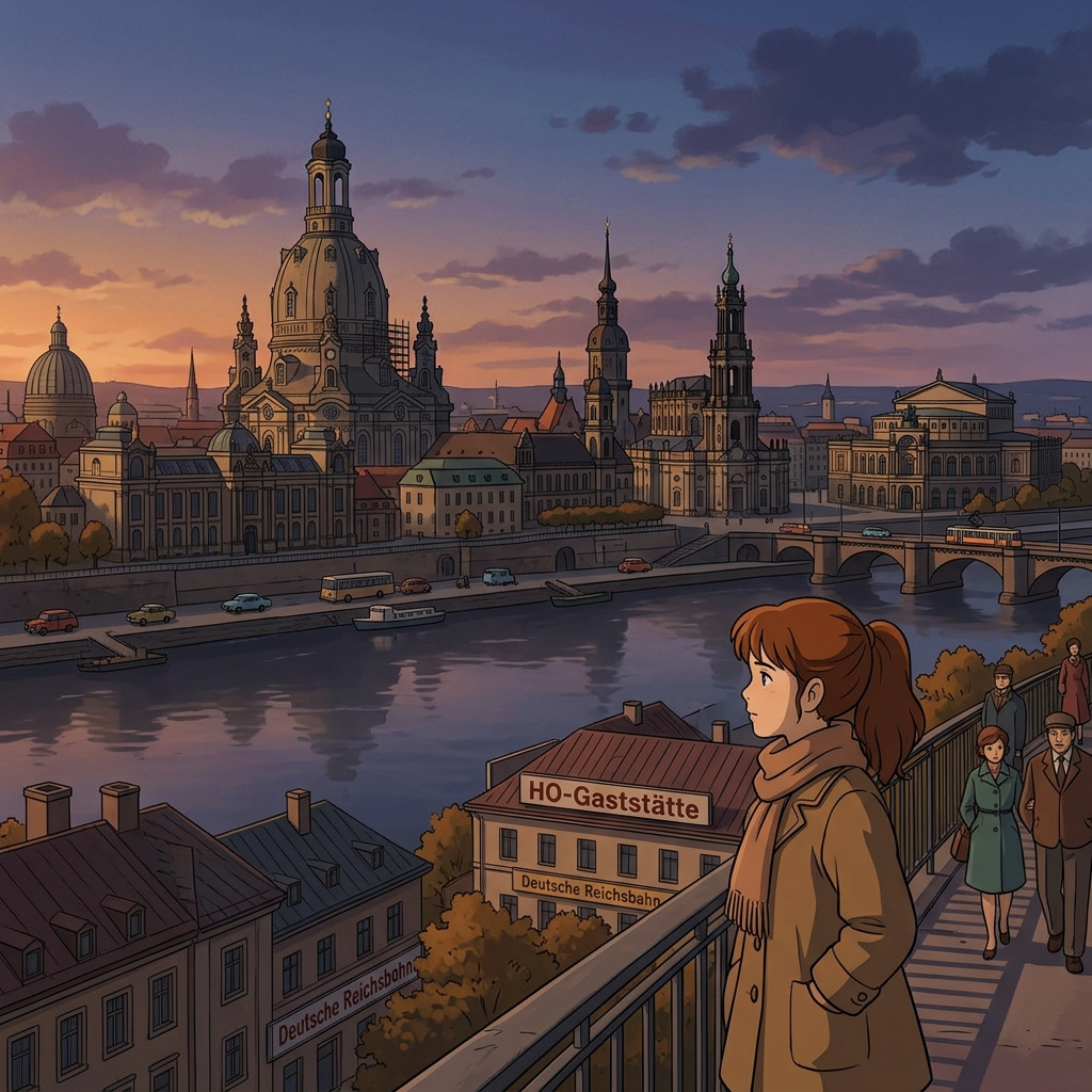 Young woman on a bridge at sunset overlooking a river and historic city buildings